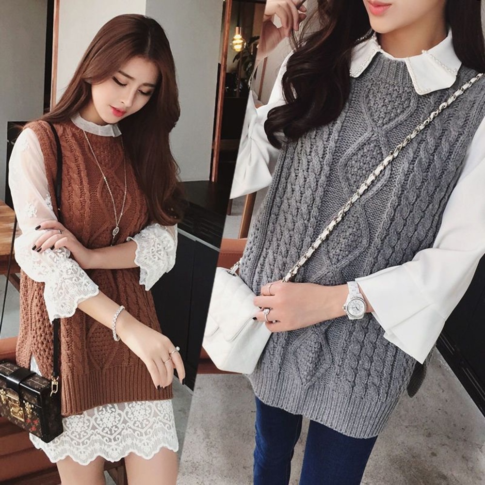 Oversized Blue Cable Knit Sweater Vest